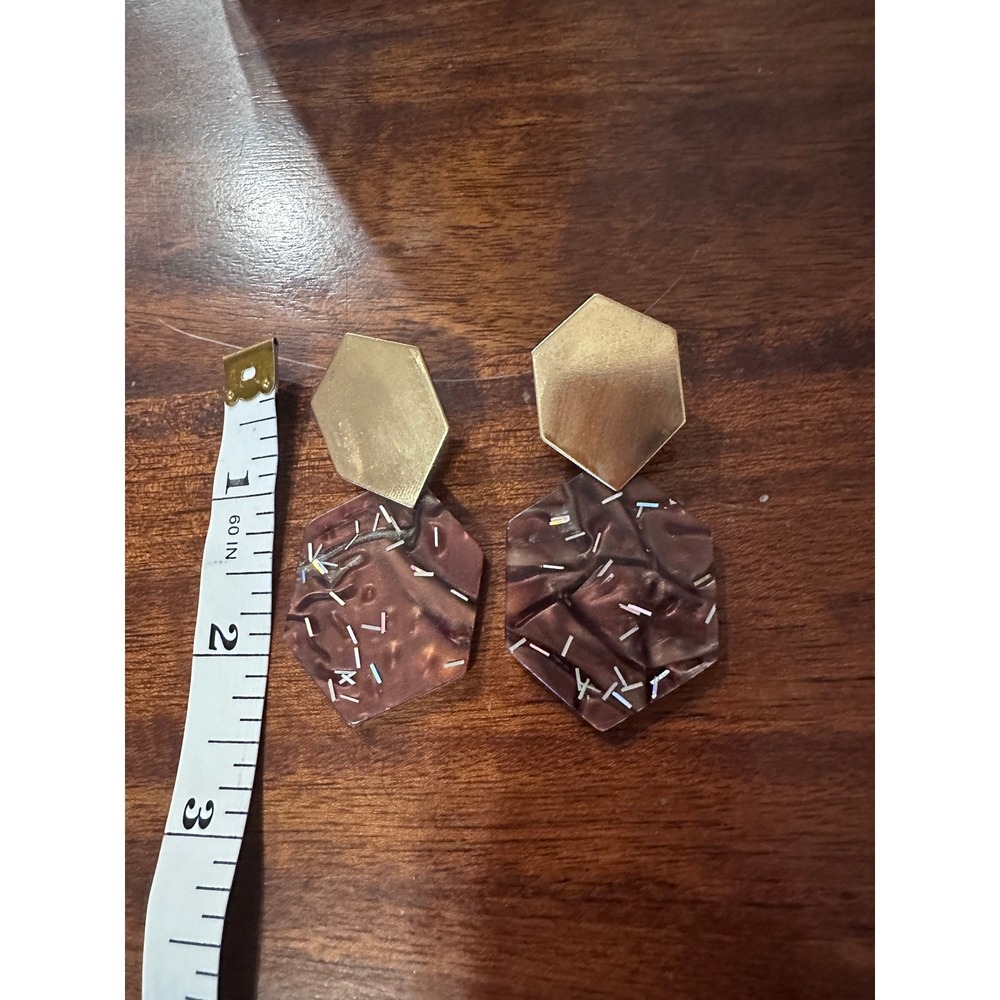 Geometric Dangle Earrings Gold Tone and Brown Acetate Modern Chic